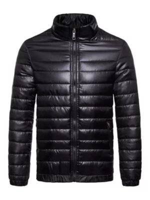 Black Classic Mens Puffer Leather Jacket