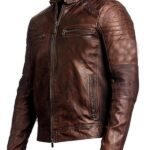 Distressed Men’s Vintage Cafe Racer Brown Leather Jacket