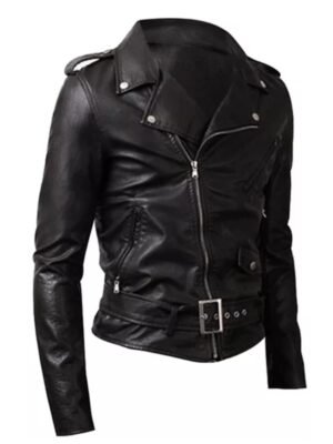 Women Belted Rider Black Leather Jacket