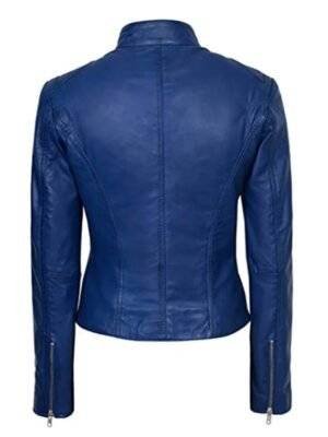 Womens Zipper Pockets Blue Leather Jacket