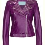 Womens Purple Studded Biker Leather Jacket
