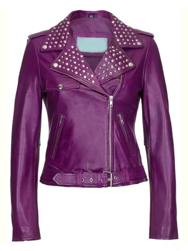 Womens Purple Studded Biker Leather Jacket