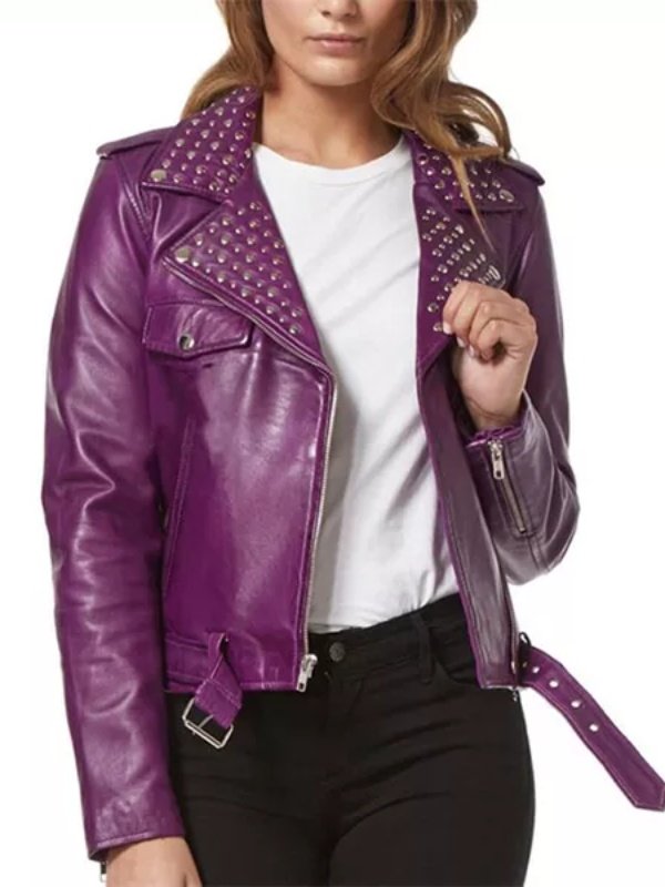 Womens Studded Biker Leather Jacket Purple