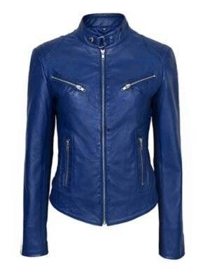 Womens Zipper Pockets Blue Leather Jacket