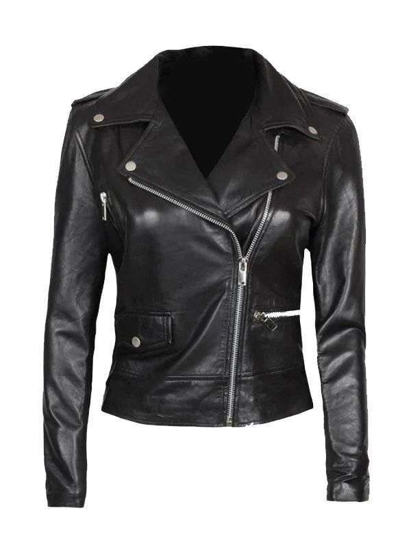 Asymmetrical Women Black Leather Biker Jacket