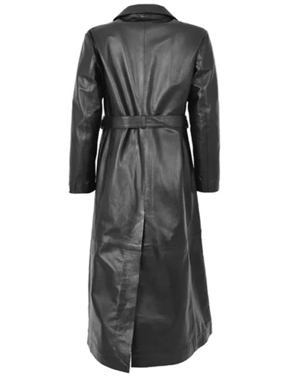 Black Belted Leather Trench Coat For Women