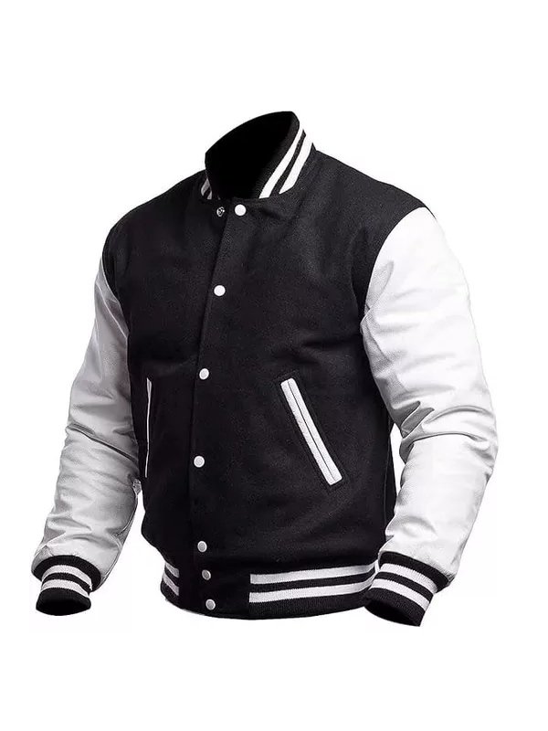 Black & White Wool With Leather Varsity Jacket