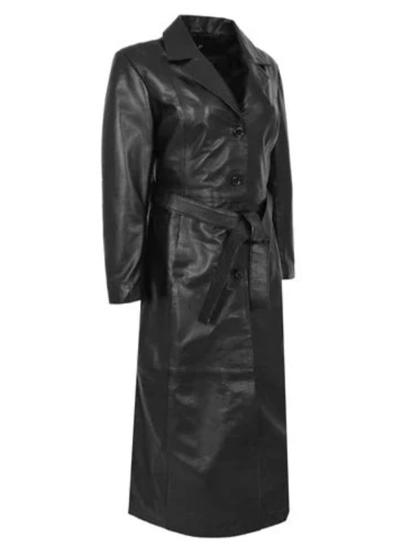 Black Womens Belted Leather Trench Coat