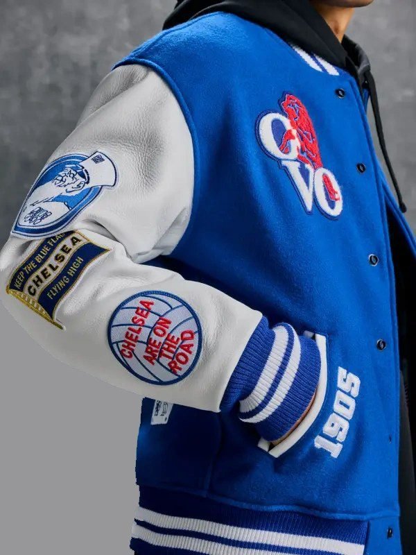 Chelsea FC OVO Varsity Royal Blue Jacket With Leather Sleeves Unisex