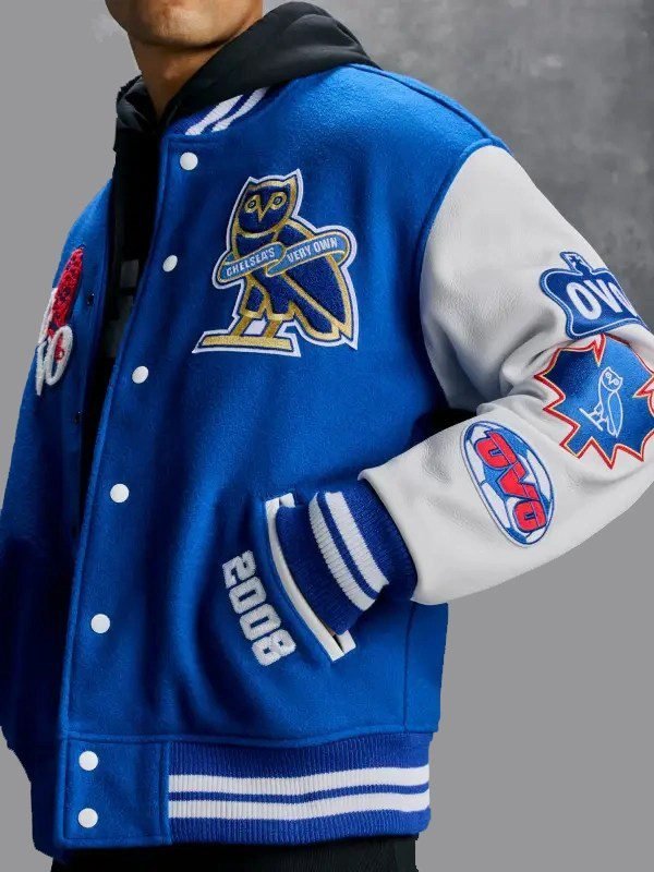 Chelsea FC OVO Varsity Royal Blue Jacket With Leather Sleeves