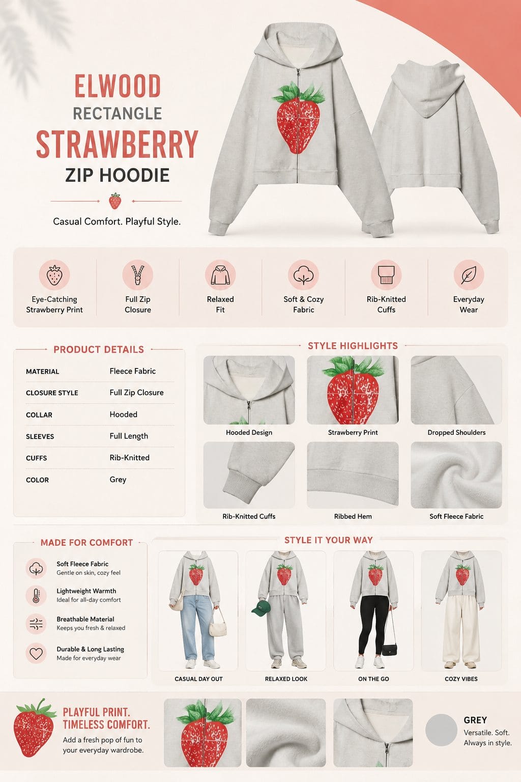 Elwood RECTANGLE Strawberry Zip Hoodie Details