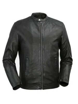Mens Snap Tab Collar Black Leather Jacket