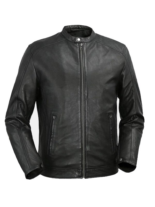 Mens Snap Tab Collar Black Leather Jacket