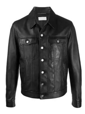 Mens Spy Black Trucker Leather Jacket