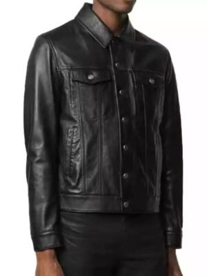 Mens Spy Black Trucker Leather Jacket