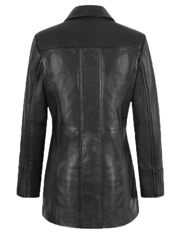 Three Quarter Black Leather Trench Coat For Women