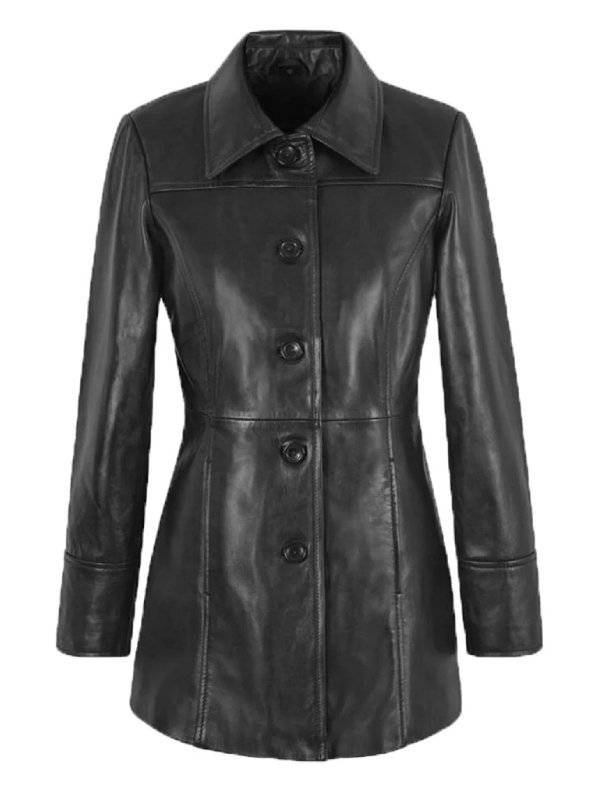 Women Three Quarter Black Leather Trench Coat
