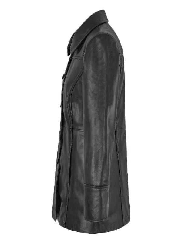 Women Three Quarter Leather Black Trench Coat