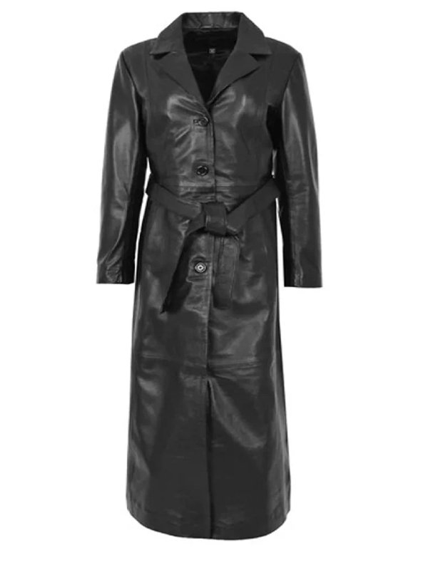 Womens Black Belted Leather Trench Coat