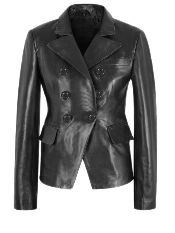 Womens Black Double Breasted Leather Blazer