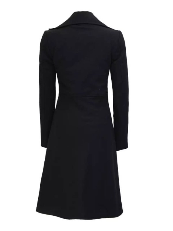 Womens Black Double Breasted Wool Trench Coat