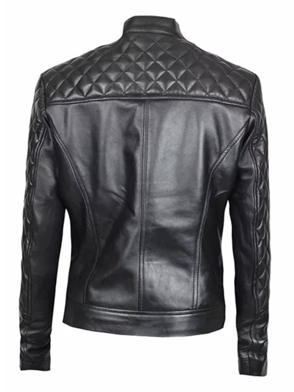Womens Black Quilted Motorcycle Leather Zip-Up Jacket