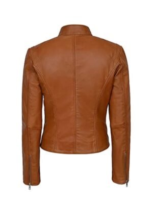 Womens Zipper Pockets Brown Leather Jacket