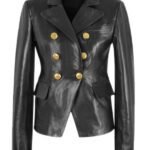 Womens Golden Button Black Leather Blazer
