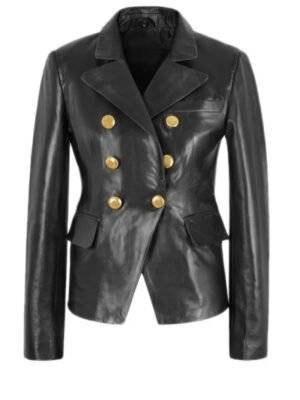 Womens Golden Button Black Leather Blazer