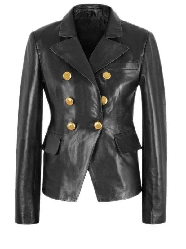 Womens Golden Button Black Leather Blazer