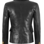 Womens Golden Button Double Breasted Black Leather Blazer