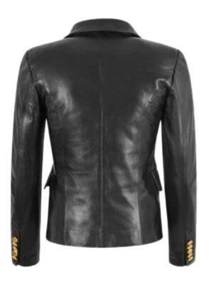 Womens Golden Button Black Leather Blazer