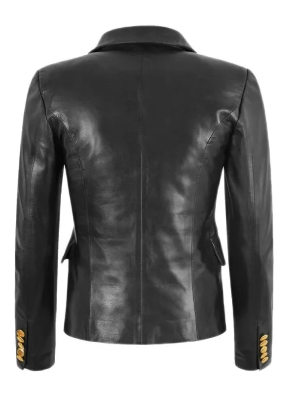 Womens Golden Button Double Breasted Black Leather Blazer