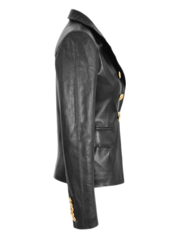 Womens Golden Button Leather Blazer Black