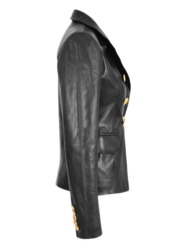 Womens Golden Button Leather Blazer Black