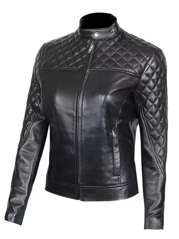 Womens Motorcycle Leather Quilted Jacket Black