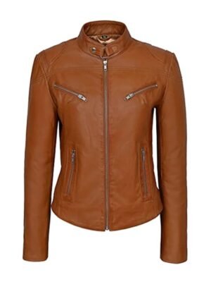 Womens Zipper Pockets Brown Leather Jacket (1)