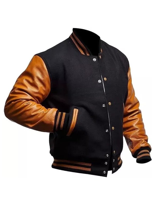 Wool_Leather Black And Gold Letterman Jacket