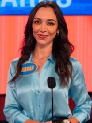 Celebrity Family Feud Farrah Aldjufrie Blue Blouse