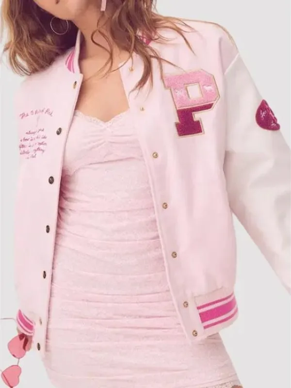 Love Shack Fancy PINK Bow Wool & Leather Sleeves Varsity Jacket