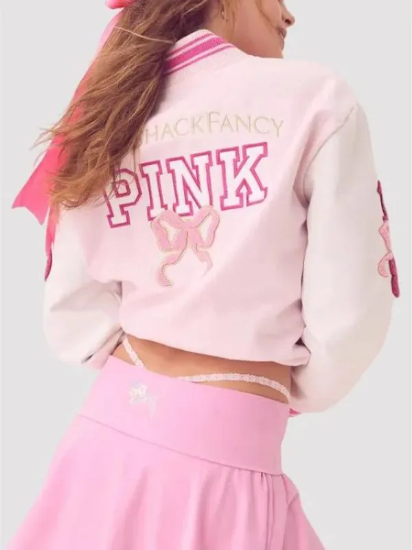 Love Shack Fancy PINK Bow Wool & Leather Sleeves Varsity Letterman Jacket