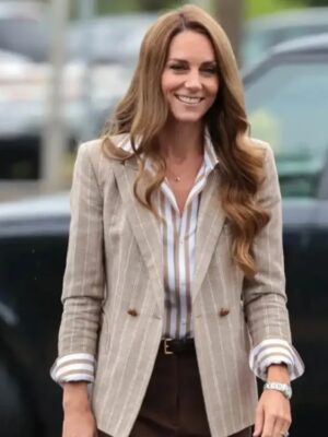 RHS Wellbeing Garden 2025 Catherine Middleto Striped Beige Blazer