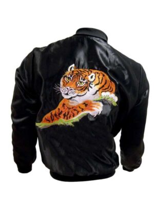 Rocky Balboa Tiger Bomber Satin Jacket in Black
