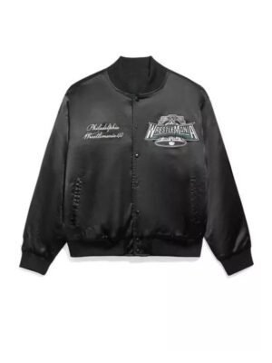 WrestleMania 40 Black Varsity Jacket in Satin
