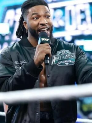 WrestleMania 40 Black Varsity Jacket in Satin