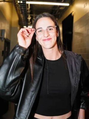2025 WNBA Playoffs Semifinal Caitlin Clark Black Leather Jacket