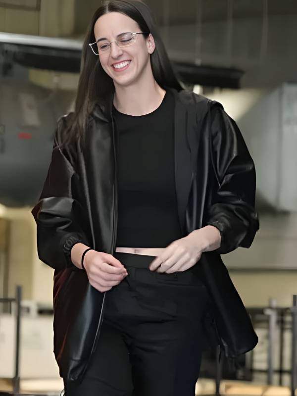 2025 WNBA Playoffs Semifinal Caitlin Clark Black Oversized Leather Jacket