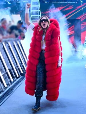 Becky Lynch WWE Pay-Per-View 2025 Rebecca Quin Red Hooded Fur Long Vest