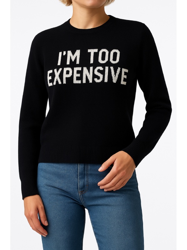 Emily Simpson Black Graphic Sweater I’m Too Expensive