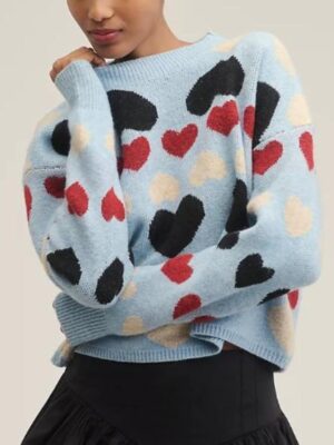 Recreated - Red, Black & White Heart Icons Crew-Neck Blue Sweater